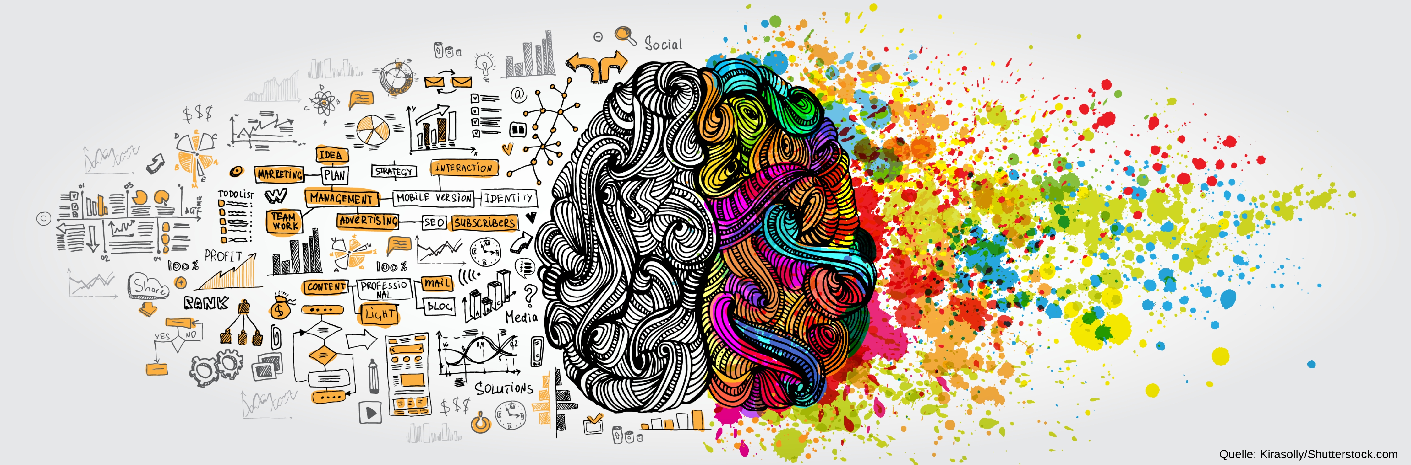 Künstlerische Darstellung des Gehirn, von oben gesehen, kombiniert mit bunten Farben sowie Symbolen und Begriffen der Gegenwart. Herkunft des Bildes: Kirasolly/Shutterstock.com